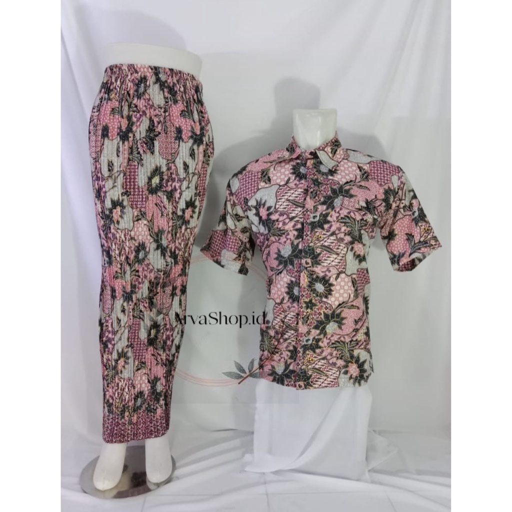 ROK PLISKET COUPLE LENGAN PANJANG/ROK BATIK PLISKET COUPLE/ROK PLISKET BATIK DAN KEMEJA_ArvaShop.id