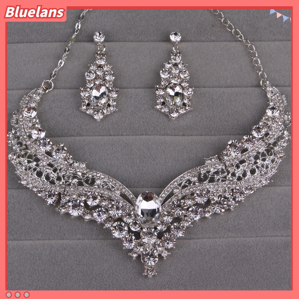 Bluelans Wedding Bridal Queen Style Fully Shiny Rhinestone Necklace Earrings Jewelry Set