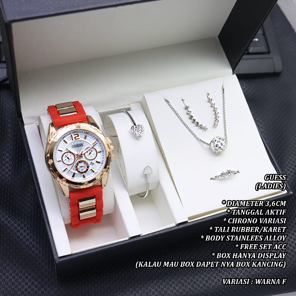(BISA COD) JAM TANGAN WANITA GUESS TALI RUBBER BODY BULAT STAINLEES TANGGAL AKTIF FREE SET ACC