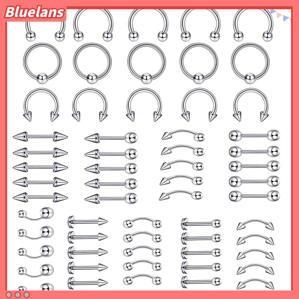 60pcs / Set Cincin Tindik Bibir Alis Kuku Hidung Bahan Stainless Steel Untuk Unisex