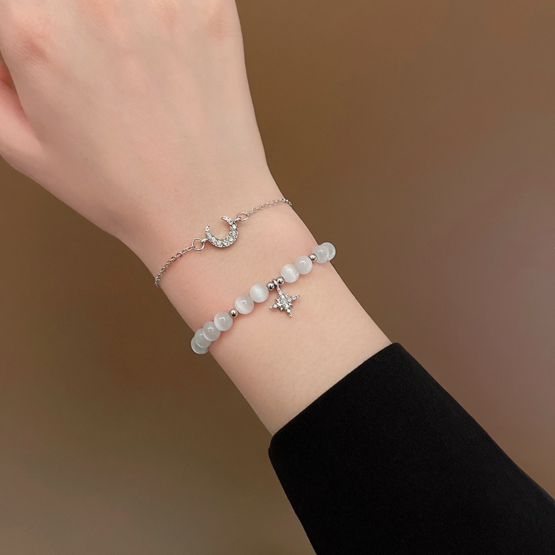 AY(CN) 2pcs / set Gelang Rantai Manik-Manik Kristal Opal Bentuk Bulan Bintang Warna Silver Untuk Wanita