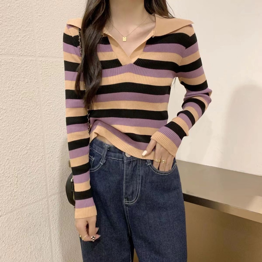 Polo Shirt Rajut Stripe Wanita Lengan Panjang Atasan Korea