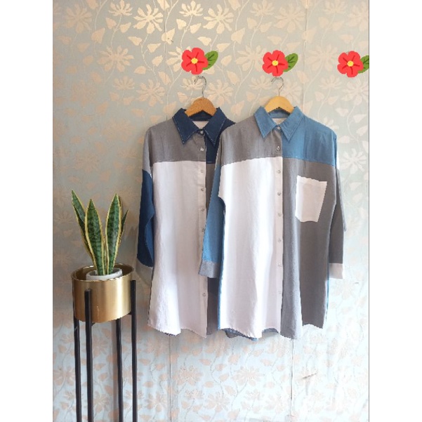 Denim Shirt Kombinasi / Baju kemeja jeans wanita / Atasan casual kekinian