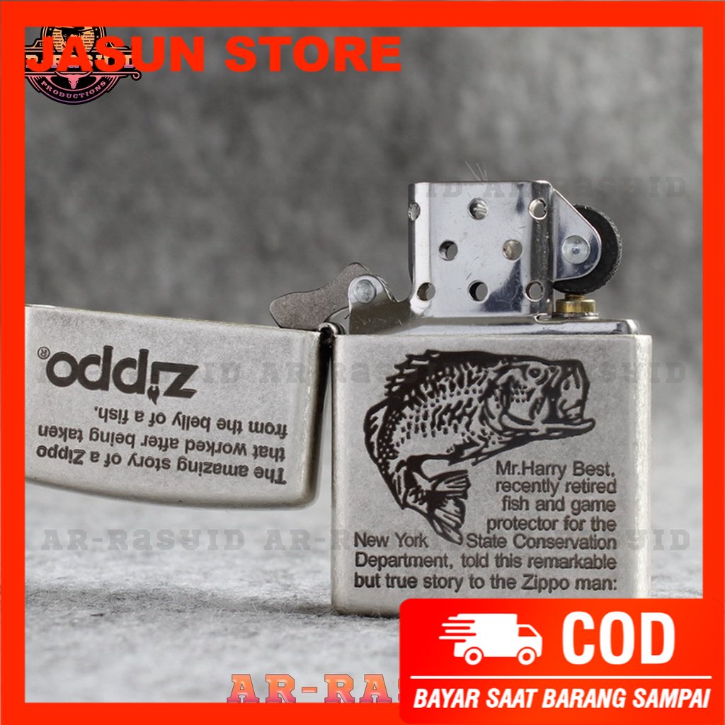 Bisa COD! Korek Api Minyak Zippo Silver Motif Ikan Ancient Fish 121FB