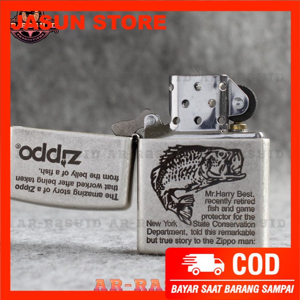 Bisa COD! Korek Api Minyak Zippo Silver Motif Ikan Ancient Fish 121FB