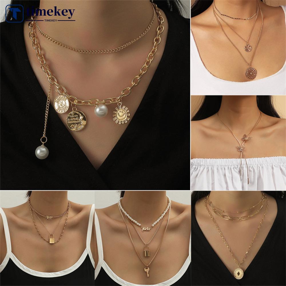 Timekey Kalung Rantai Alloy Multi Layer Hias Liontin Gaya Vintage Kreatif Untuk Wanita J2N8