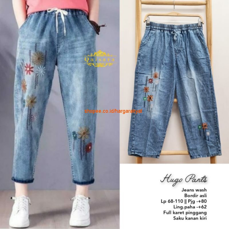 HUGO PANTS (CELANA JEANS BORDIR) Motif Bunga | Ootd Monica pants