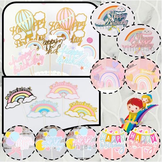 Hiasan Topper Kue Cake "Happy Birthday" Rainbow Pelangi Hot Balon Air Balloon Ulang Tahun Ultah