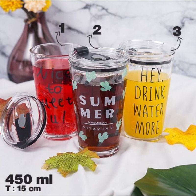 Glass ware / Tumbler kaca / Gelas kaca / Botol minum kaca 450ml Bonus Sedotan