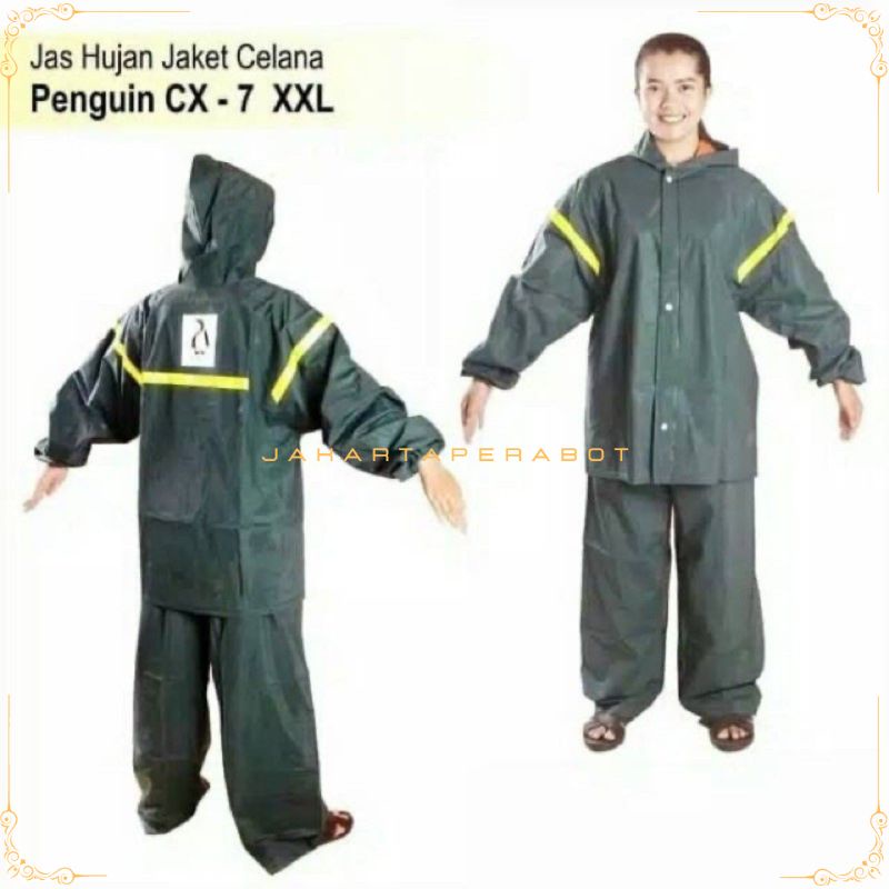 JAS HUJAN STELAN RUBBER PENGUIN CX7 XXL / JAS HUJAN KARET SETELAN JAKET CELANA DEWASA PRIA WANITA / MANTEL JAS HUJAN