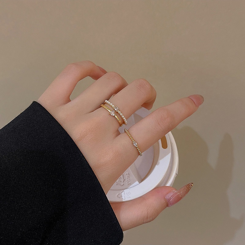 Set Cincin Jari Telunjuk Zircon Mutiara Untuk Wanita