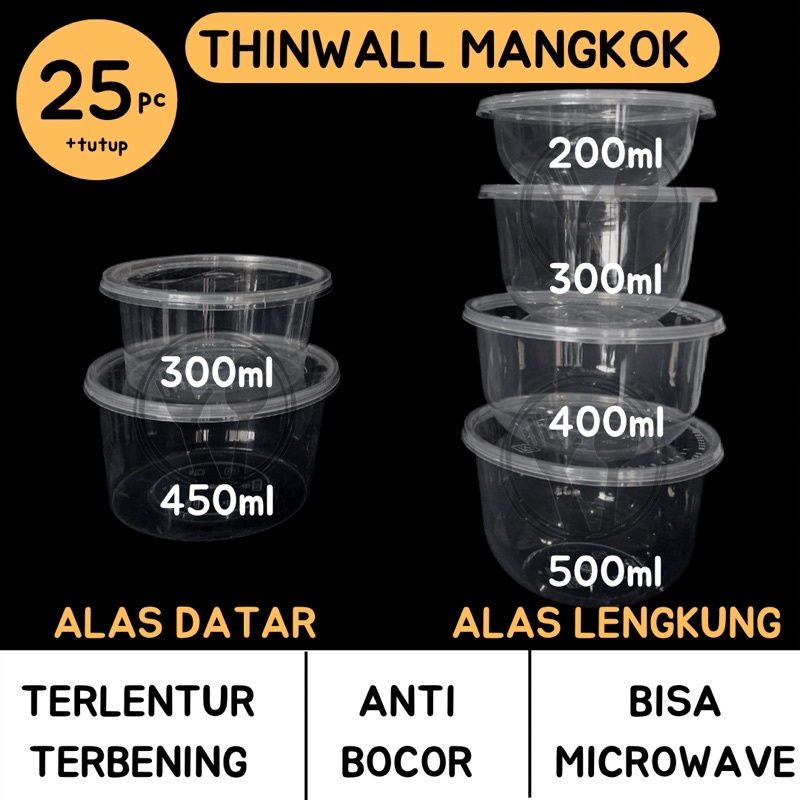 ISI 25PC THINWALL BULAT 200ML 300ML 400ML 500ML THINWALL ROUND 300ML 450ML + TUTUP CUP FOOD CONTAINER MANGKOK BULAT KOTAK MAKANAN PLASTIK MANGKUK BASO ROUND DESSERT CUP SALAD BUAH MANGKOK BOWL MANGKUK CUP BOWL PLASTIK CUP PUDING PUDDING