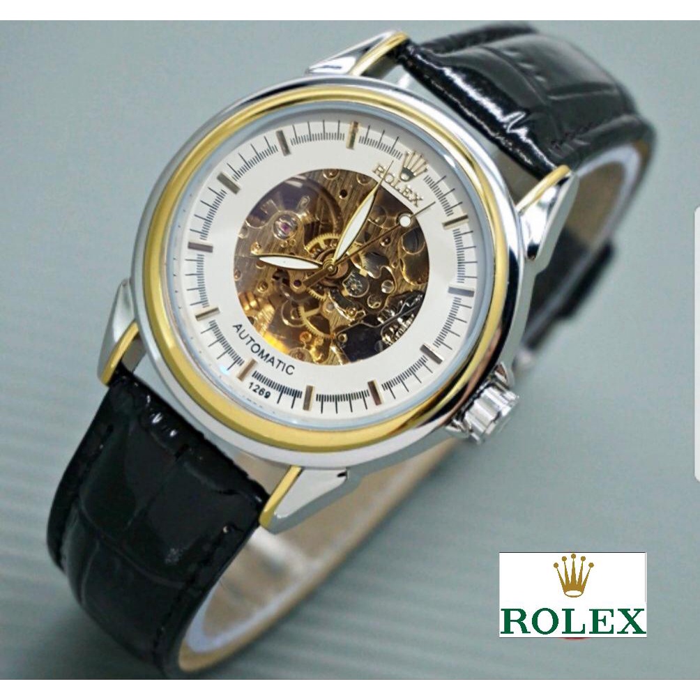 (COD) JAM TANGAN OTOMATIS PRIA KULIT ROLEX FULL SET