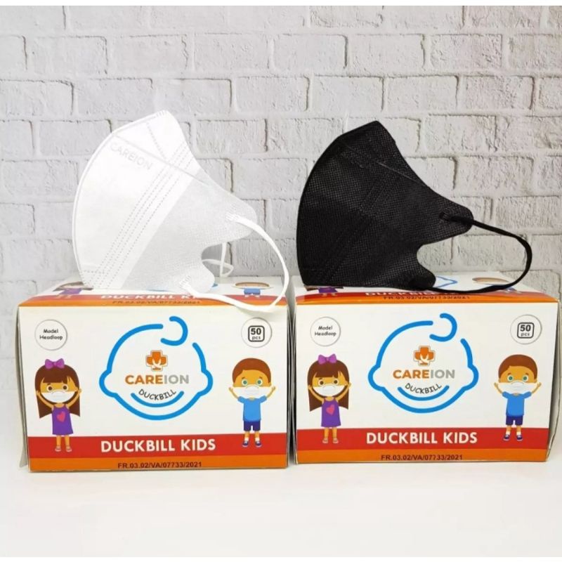 MASKER DUCKBILL ANAK CAREION POLOS HITAM &amp; PUTIH 1 BOX ISI 50 | UNTUK USIA 4-12 TAHUN