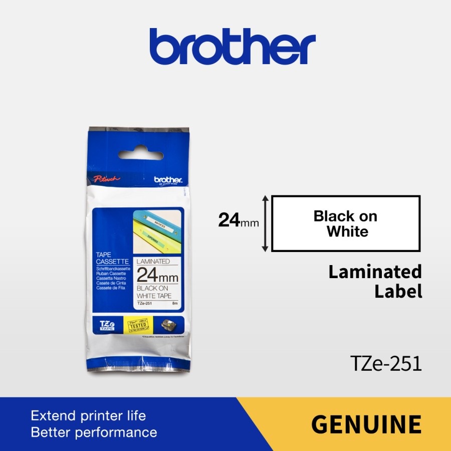 

Brother Color Tape TZE-251 24mm Laminated Black On White