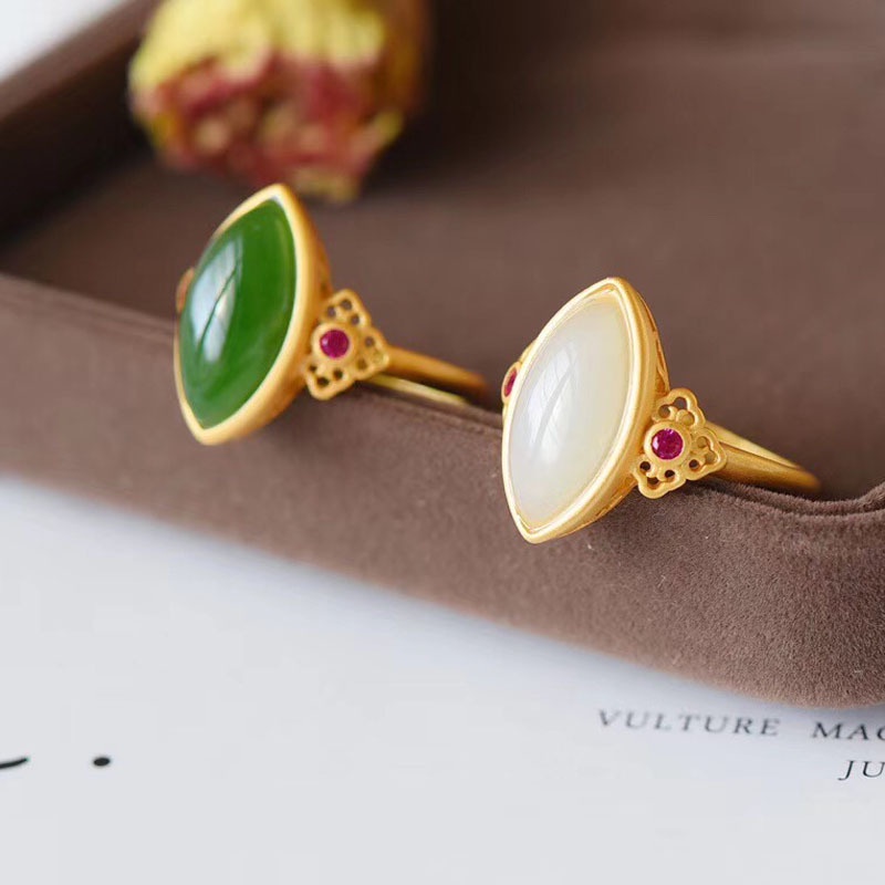 Goldkingdom Perhiasan Fashion 24K Bangkok Aksesoris Ready Stock Hetian Jade Cincin Giok Putih Jasper Cincin Berlapis S925 Perak Bertatahkan Emas Asli Kadar 375 Dengan Adjustable Frosted