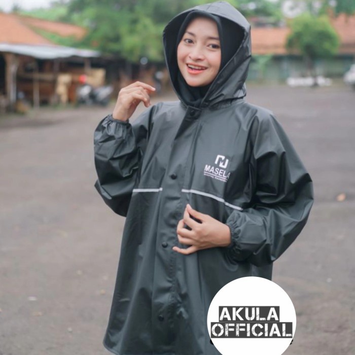 Jas hujan masela wanita baju dan rok anti rembes tebal elastis - Hitam, L(Y3C3) Jas Hujan Zipper Jas