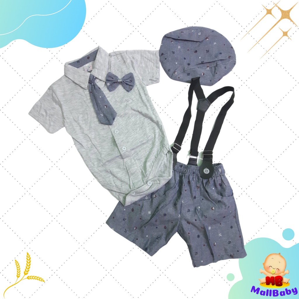 Baju Jalan Pesta Bayi Laki Laki 0 3 6 9 12 Bulan Setelan Jumper Set Dasi Suspender Topi Dale