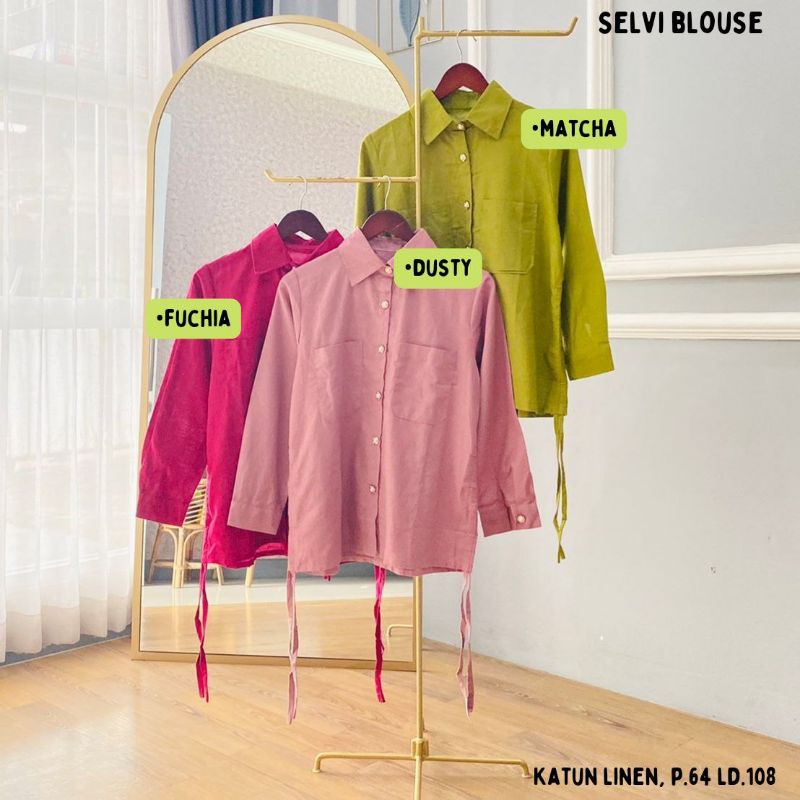 new 9 Selvi Blouse Bahan katun linen kemeja terbaru cantik banget saku depan bawah tali diserut cewe