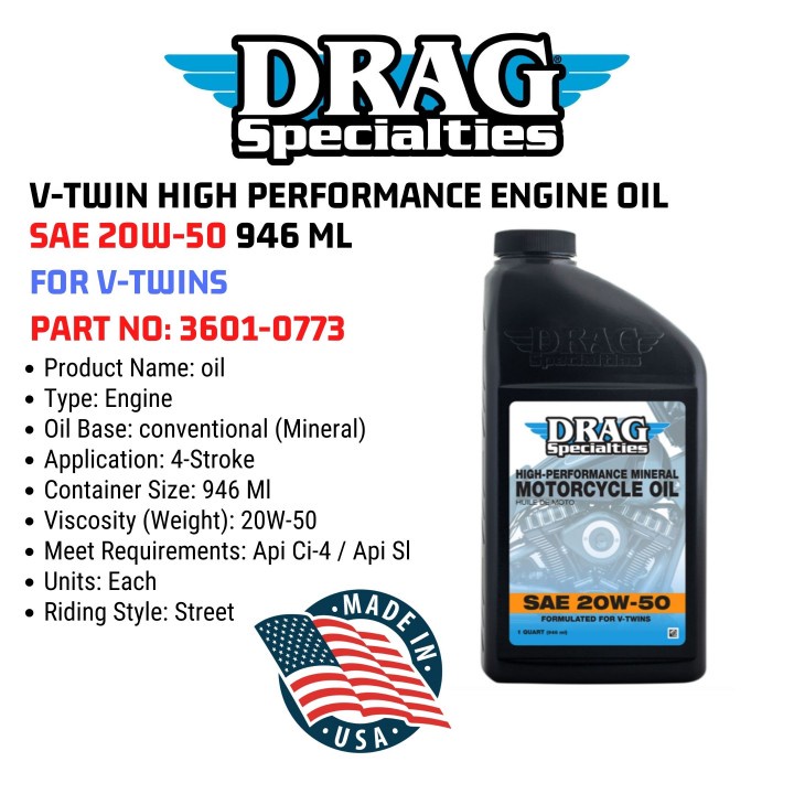 DRAG SPECIALTIES V-TWIN HIGH PERFORMANCE ENGINE OIL SAE 20W-50 946 ML FOR V-TWIN OIL MESIN 3601-0773
