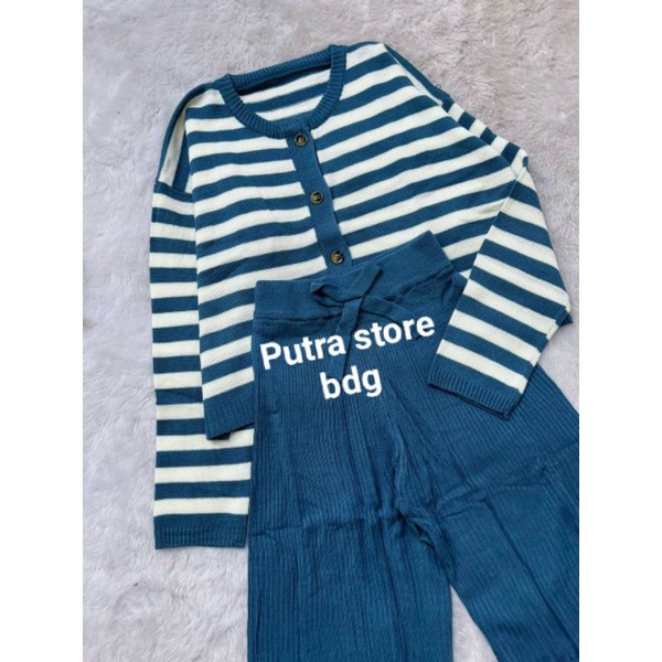 One set Tiara crop Cardi strip + Kulot rajut premium