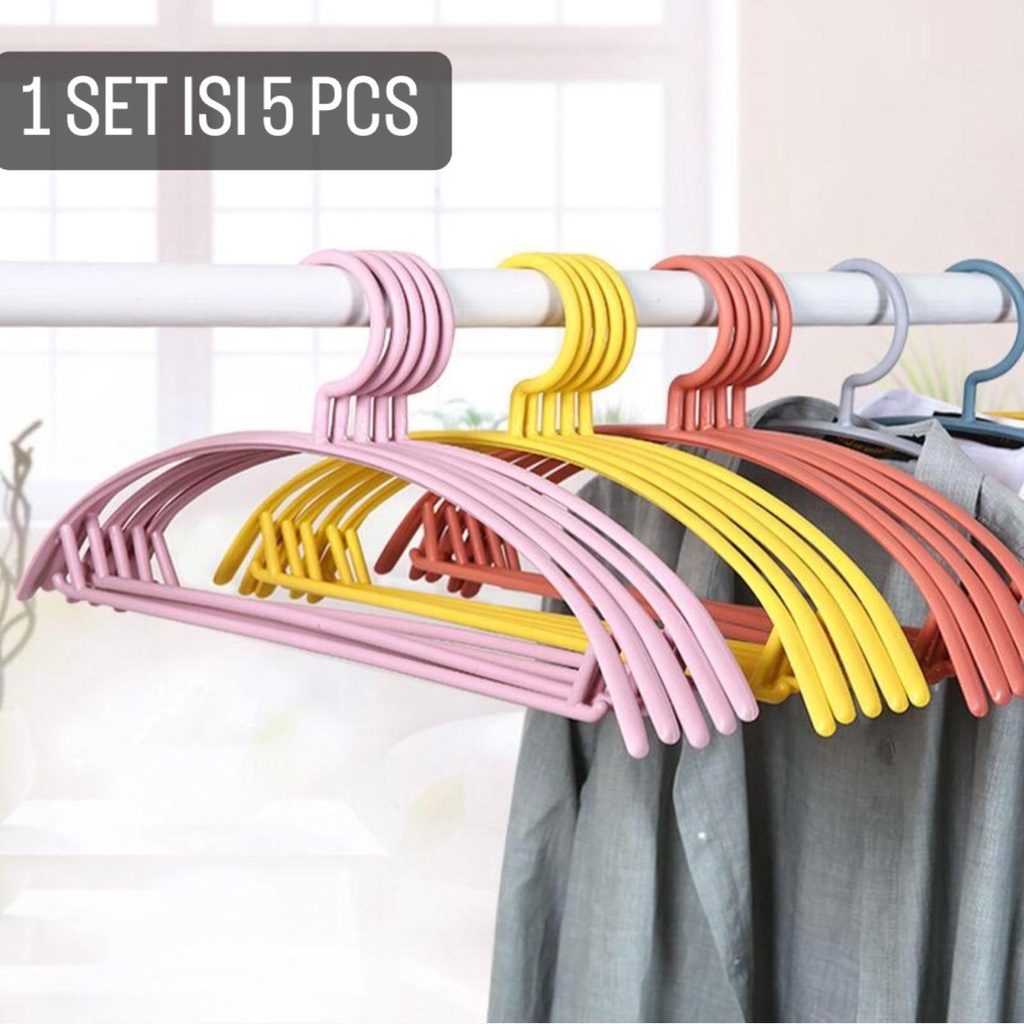 GANTUNGAN BAJU HANGER PLASTIK | PLASTIC HANGER PAKAIAN LAUNDRY ANTI SLIP WARNA 1 SET ISI 5 PCS