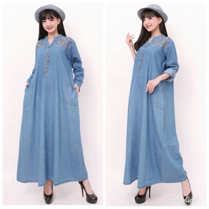 GAMIS Dress Maxi Gamis Stella Longdress Jumbo Jeans Wanita - Biru brukat terbaru remaja arab twill o