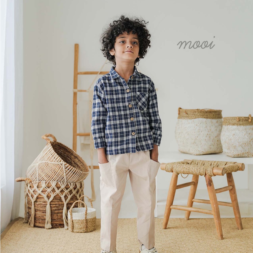 Mooi Hugo / Kenji Shirt 1-5 Tahun Kemeja Pendek Panjang Flanel Kotak Kotak Fashion Anak Laki Laki CBKS S23