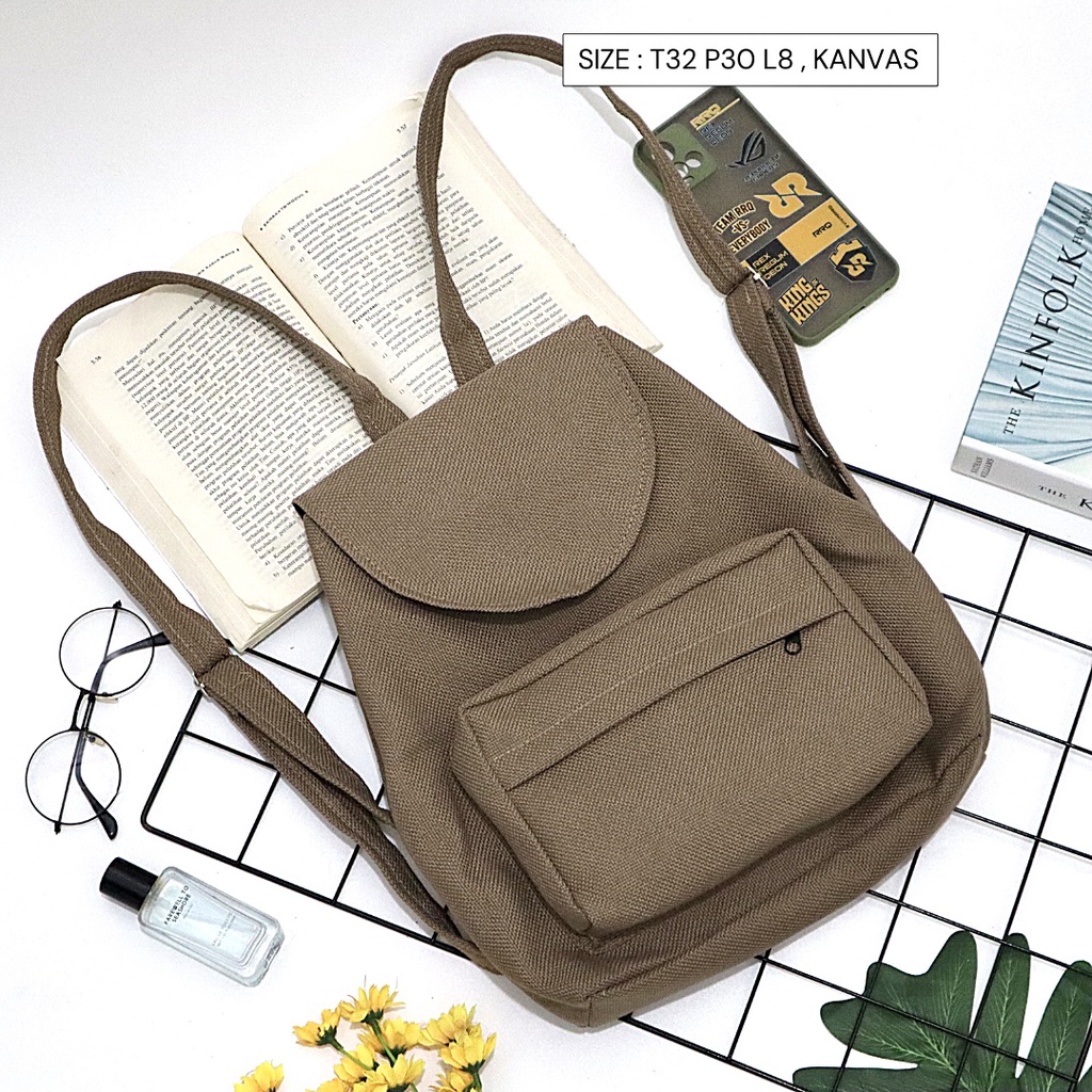 Bayar di Tempat COD Tas Ransel Serut Bahan Kanvas KANTONG Depan Ukuran Medium tas punggung wanita-Warna 682