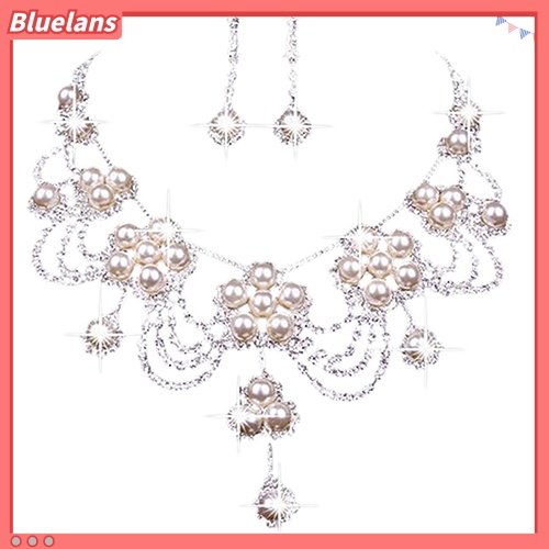 Bluelans Women Luxury Rhinestone Faux Pearl Necklace Earring Wedding Bridal Jewelry Set