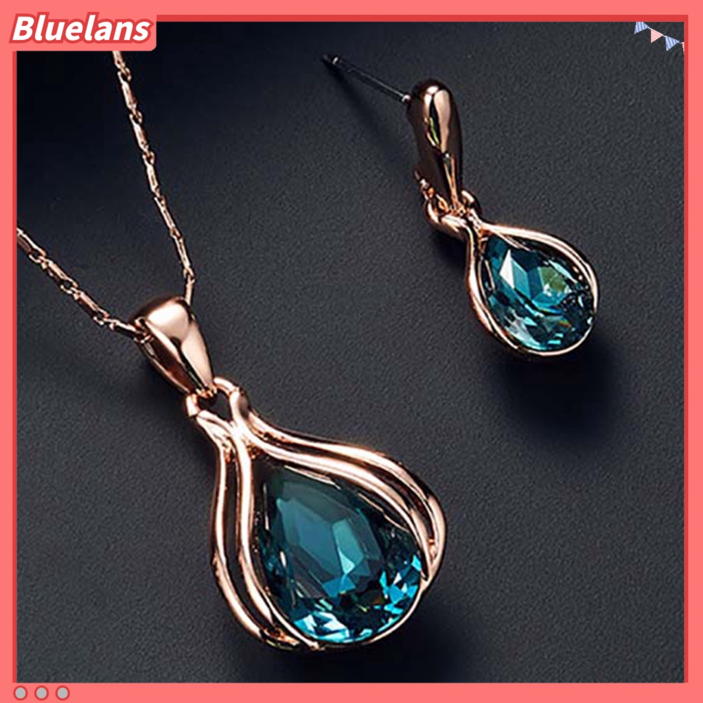 Bluelans Women Cubic Zirconia Water Drop Pendant Necklace Ear Stud Earrings Jewelry Set