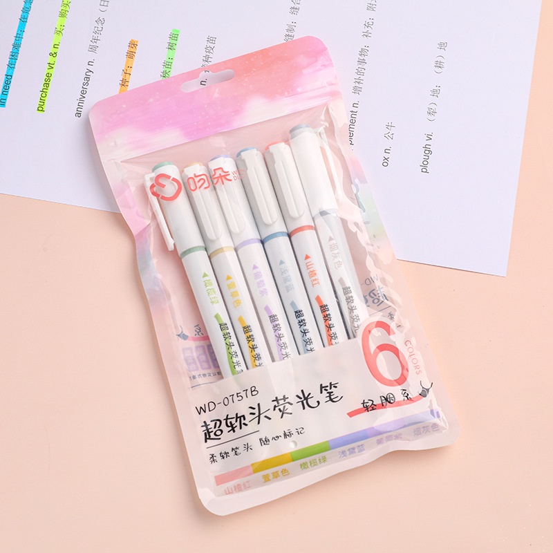 6pcs/pack Multicolor Soft Head Fluorescent Pen Student Key Point Marking Pen Alat Tulis Kantor Sekolah Supply