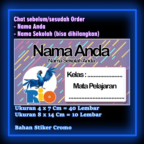 

Stiker Label Buku Rio Burung Biru Kartun Anime Lucu Karakter Lucu Custom Lebel Nama cromo murah 20 Varian berbeda Sticker Pelajaran Mapel buku anak sekolah Vol 7