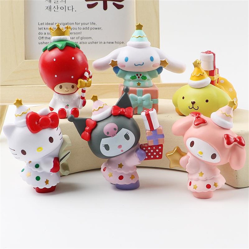 ღ 6 Buah/Set Sanrio Kartun Model Kawaii Melodi Kuromi Action Figure Koleksi Tokoh Anime Mini Suit Hadiah Dekorasi Desktop Pvc Mainan Boneka