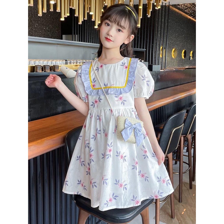 Dress Anak Perempuan Korean Style Kerah Renda Bunga Hijo/Ungu Puff