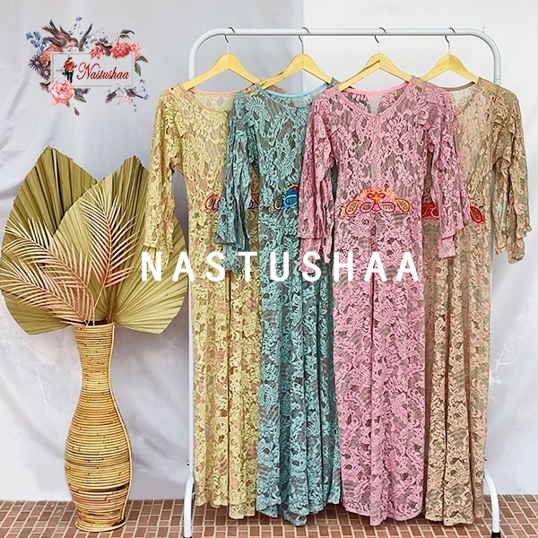 Kaftan Brukat Serena Import Wanita Tanpa Inner / Terusan Muslim / Lebaran / Kondangan / Hajatan Baju Pesta Busui Friendly Variasi Bordir Bunga Lengan Panjang Ada Layer Bagian Lengan