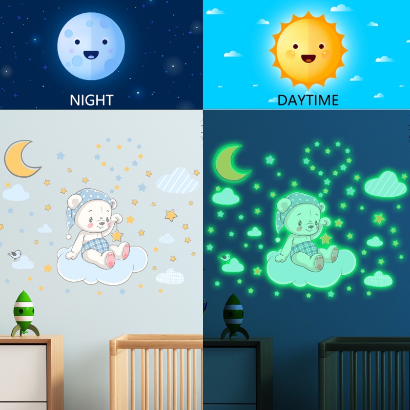 Stiker Dinding Desain Kartun Beruang Gajah Bulan Awan Luminous Glow In The Dark Untuk Dekorasi Kamar Anak