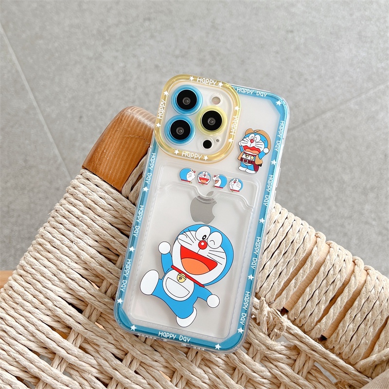 Soft Case TPU Motif Doraemon Dengan Slot Kartu Untuk IPhone 14 13 11 Pro Max 8 7 Plus X XS XR