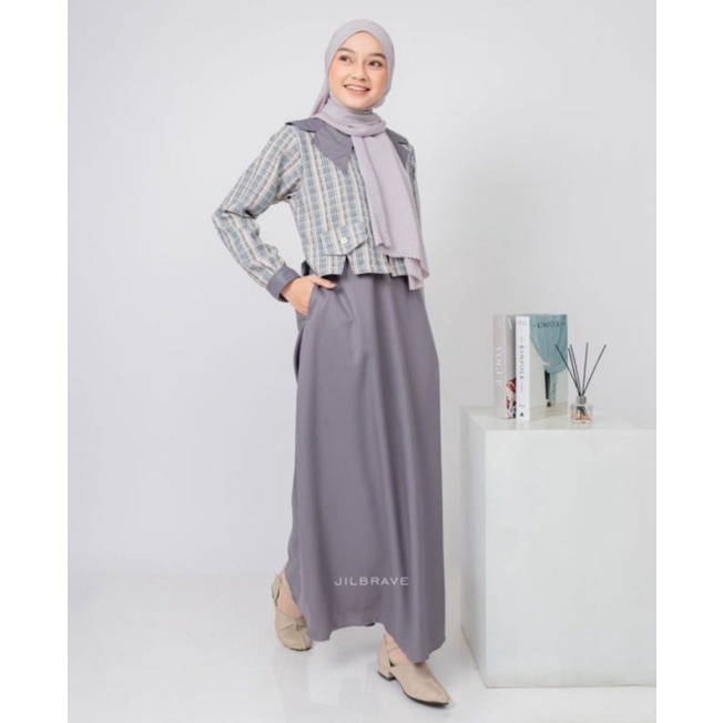 NADINE DRESS JILBRAVE | Gamis Stylish dengan Atasan Linen Tweed Blazer Korean Style Menyatu Aksen Ke