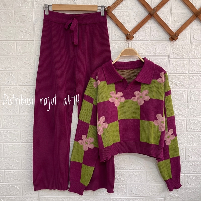 ONESET FAMELA SWEATER RAJUT BUNGA SETELAN CELANA KULOT RAJUT