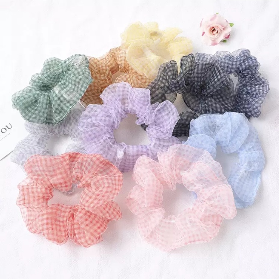 SCRUNCHIE SIFON KOREA PREMIUM JUMBO - DAISY PLAID KOTAK - Ikat Rambut - Mesh Scrunchie Transparan