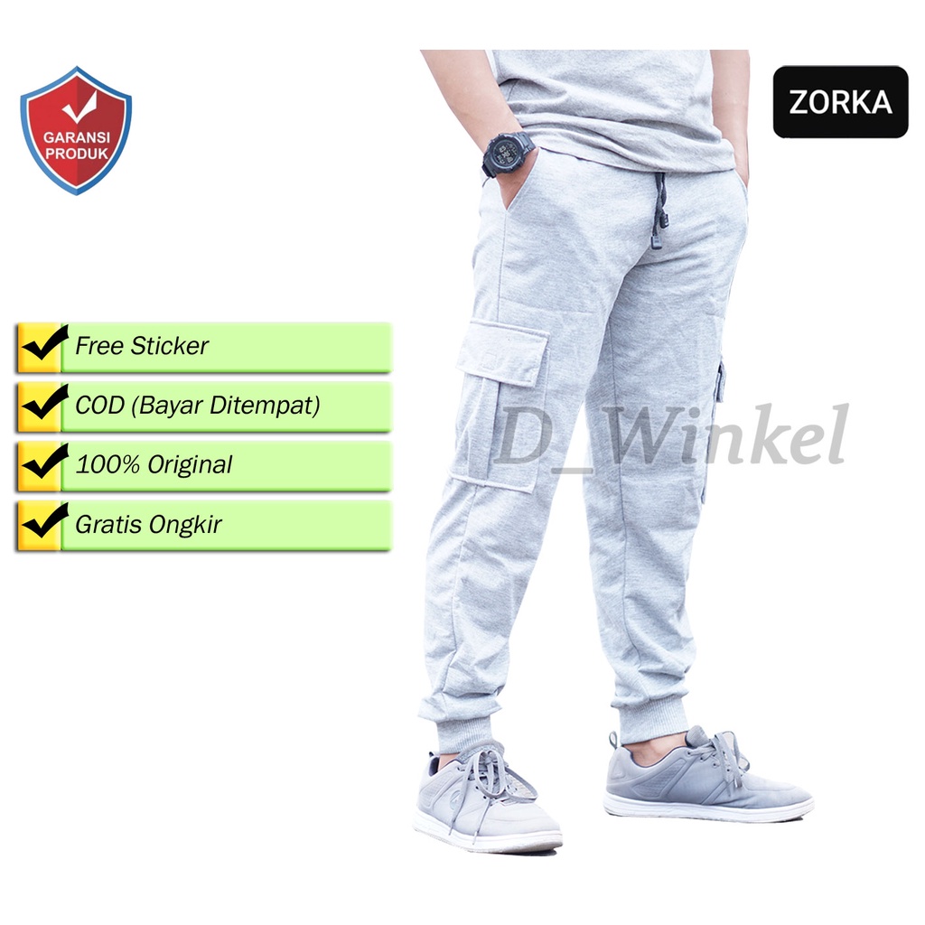 Celana Panjang Slimfit Jogger Cargo Pria Pocket Samping Pinggang Rib dan Bertali Warna Abu Muda