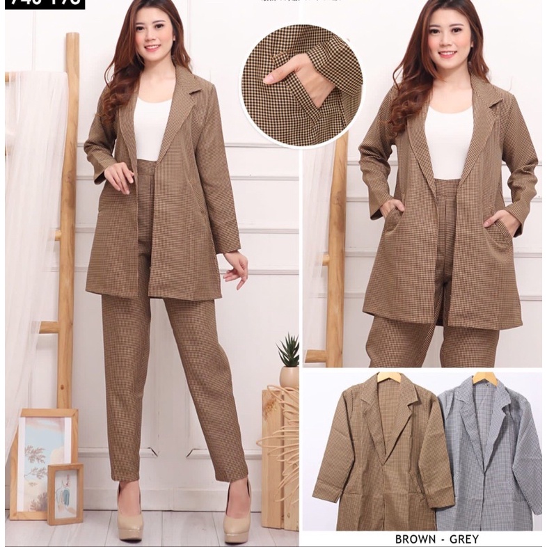 Seri set blazer / setelan wanita model blazer motif kotak - kotak