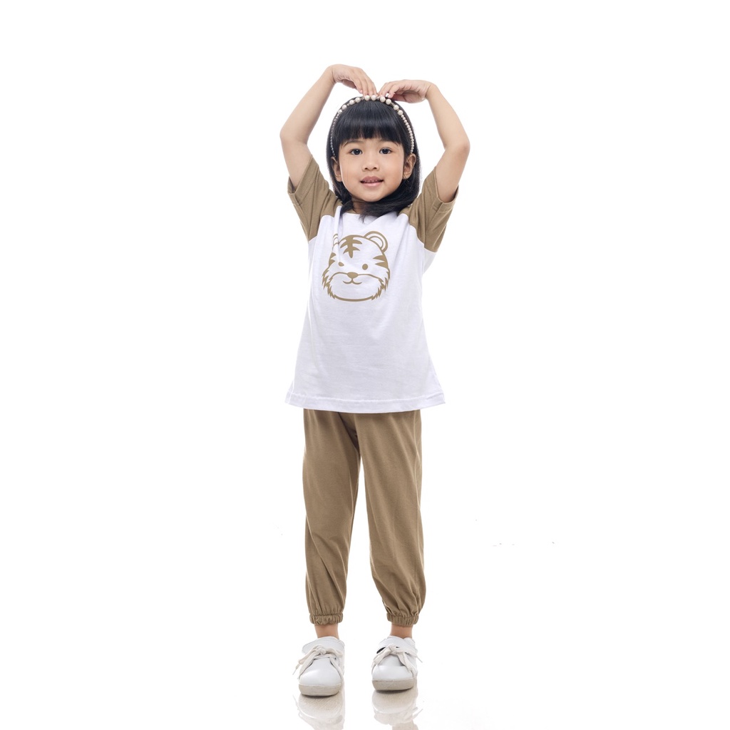 Setelan Kaos Playset Anak Setelan Joger Couple Baju Tidur Piyama Anak Raglan Unisex Celana Panjang Coklat Harimau