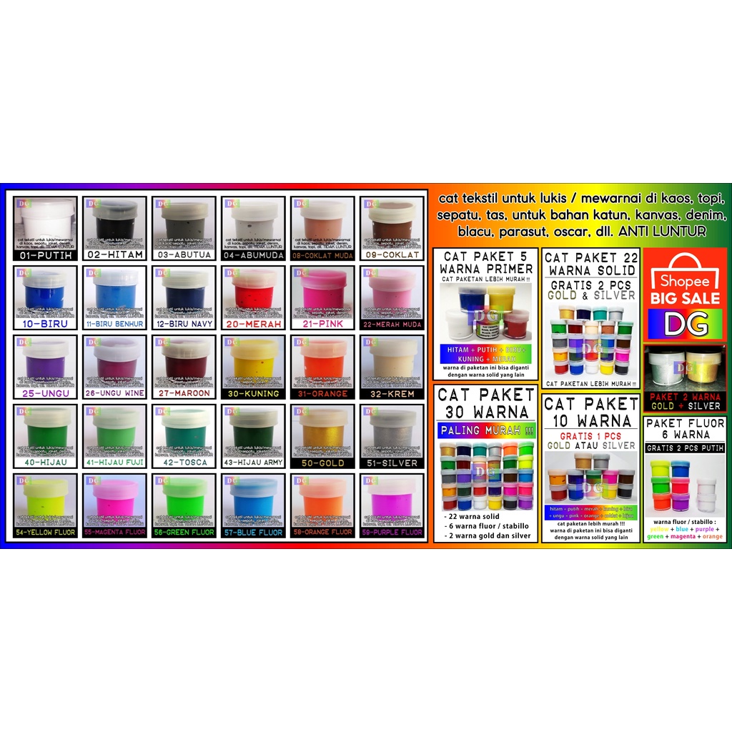 

Warna SOLID PILIH SENDIRI - Cat LUKIS untuk mewarnai di kaos / tas / sepatu / jeans / jaket / topi / kanvas / poster / spanduk / terpal - langsung pakai ANTI LUNTUR