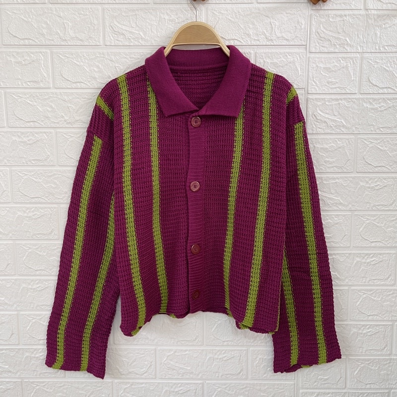 Nagoya Crop Knit Cardigan / Cardigan Wanita Berkerah Premium / Cardigan Stripes Motif