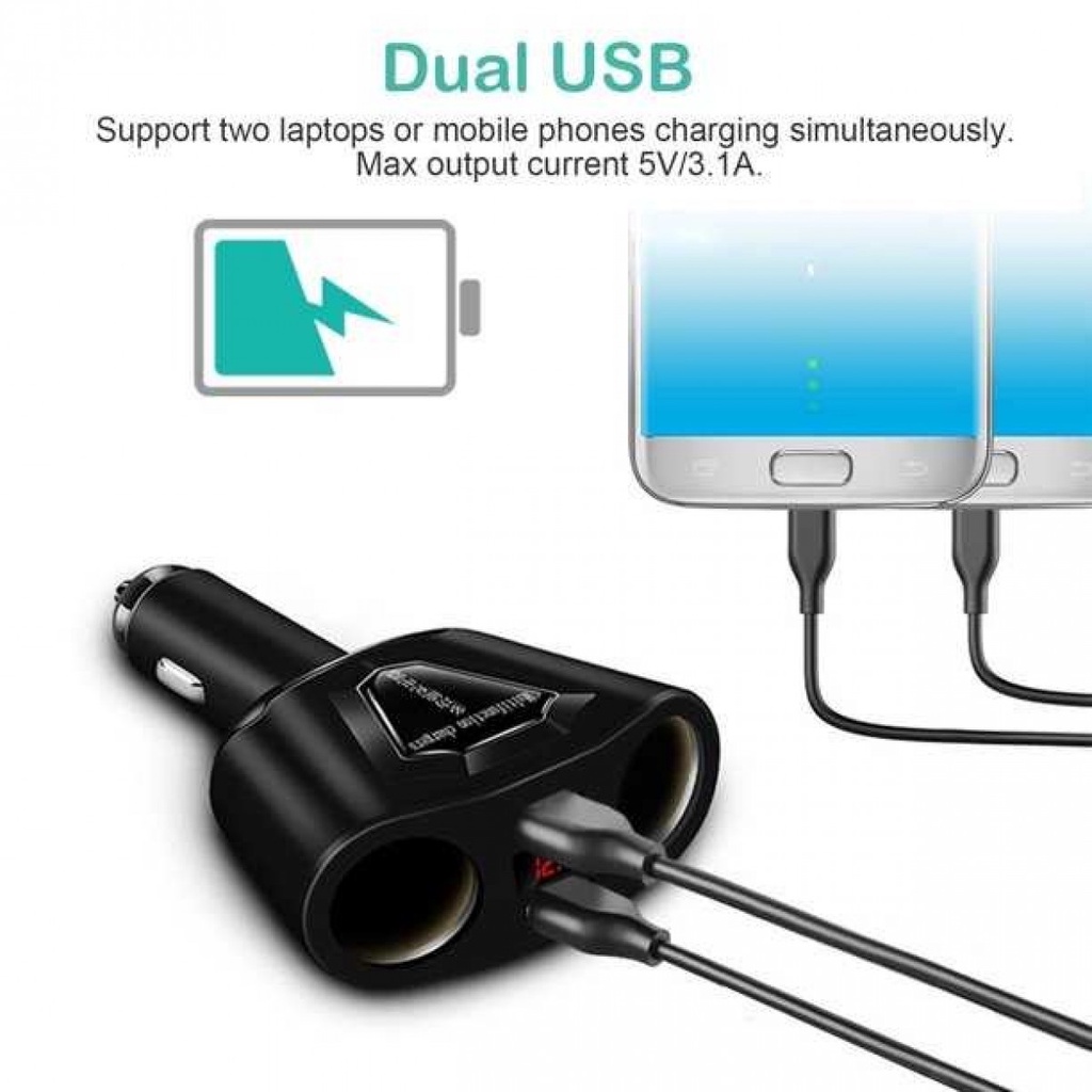 Charger Mobil 3.1A dengan Monitor Voltage dan 2 Cigarette Socket