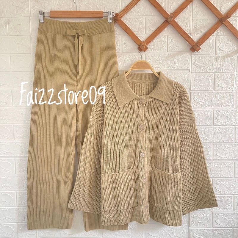 One set Stelan Celana Kulot Wanita / Keyra Oversize Cardigan Rajut Kancing Wanita