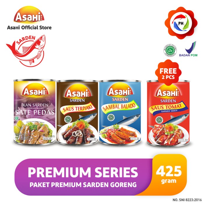 

Ikan Kaleng Asahi Paket Premium Sarden Goreng 425 Gr - Get 2 Saus Tomat 425 Gr