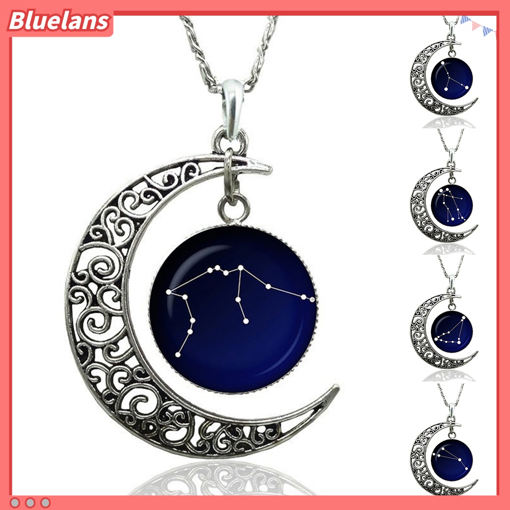 Kalung Liontin Bulan Sabit Astrologi Bahan Kaca Cabochon Model Hollow Untuk Wanita